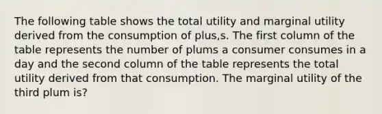 The following table shows the total utility and marginal utility derived from the consumption of plus,s. The first column of the table represents the number of plums a consumer consumes in a day and the second column of the table represents the total utility derived from that consumption. The marginal utility of the third plum is?