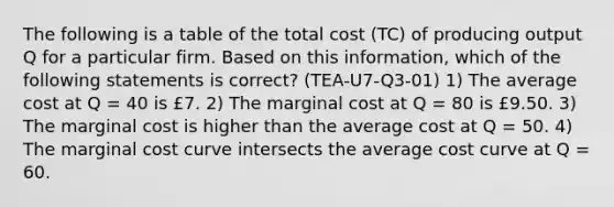 The following is a table of the total cost (TC) of producing output Q for a particular firm. Based on this information, which of the following statements is correct? (TEA-U7-Q3-01) 1) The average cost at Q = 40 is £7. 2) The marginal cost at Q = 80 is £9.50. 3) The marginal cost is higher than the average cost at Q = 50. 4) The marginal cost curve intersects the average cost curve at Q = 60.