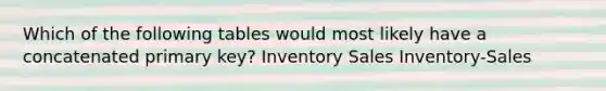 Which of the following tables would most likely have a concatenated primary key? Inventory Sales Inventory-Sales