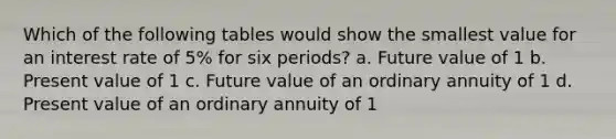 Which of the following tables would show the smallest value for an interest rate of 5% for six periods? a. Future value of 1 b. Present value of 1 c. Future value of an ordinary annuity of 1 d. Present value of an ordinary annuity of 1