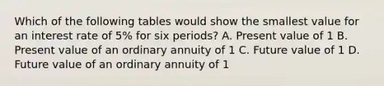 Which of the following tables would show the smallest value for an interest rate of 5% for six periods? A. Present value of 1 B. Present value of an ordinary annuity of 1 C. Future value of 1 D. Future value of an ordinary annuity of 1