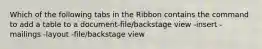 Which of the following tabs in the Ribbon contains the command to add a table to a document-file/backstage view -insert -mailings -layout -file/backstage view