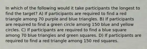 In which of the following would it take participants the longest to find the target? A) If participants are required to find a red triangle among 70 purple and blue triangles. B) If participants are required to find a green circle among 150 blue and yellow circles. C) If participants are required to find a blue square among 70 blue triangles and green squares. D) If participants are required to find a red triangle among 150 red squares.