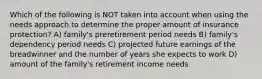 Which of the following is NOT taken into account when using the needs approach to determine the proper amount of insurance protection? A) family's preretirement period needs B) family's dependency period needs C) projected future earnings of the breadwinner and the number of years she expects to work D) amount of the family's retirement income needs