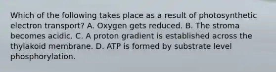 Which of the following takes place as a result of photosynthetic electron transport? A. Oxygen gets reduced. B. The stroma becomes acidic. C. A proton gradient is established across the thylakoid membrane. D. ATP is formed by substrate level phosphorylation.