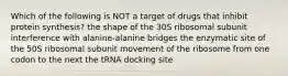 Which of the following is NOT a target of drugs that inhibit protein synthesis? the shape of the 30S ribosomal subunit interference with alanine-alanine bridges the enzymatic site of the 50S ribosomal subunit movement of the ribosome from one codon to the next the tRNA docking site