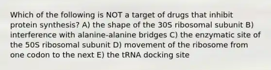 Which of the following is NOT a target of drugs that inhibit <a href='https://www.questionai.com/knowledge/kVyphSdCnD-protein-synthesis' class='anchor-knowledge'>protein synthesis</a>? A) the shape of the 30S ribosomal subunit B) interference with alanine-alanine bridges C) the enzymatic site of the 50S ribosomal subunit D) movement of the ribosome from one codon to the next E) the tRNA docking site