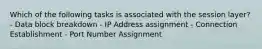 Which of the following tasks is associated with the session layer? - Data block breakdown - IP Address assignment - Connection Establishment - Port Number Assignment