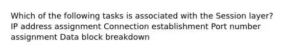 Which of the following tasks is associated with the Session layer? IP address assignment Connection establishment Port number assignment Data block breakdown