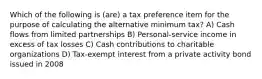 Which of the following is (are) a tax preference item for the purpose of calculating the alternative minimum tax? A) Cash flows from limited partnerships B) Personal-service income in excess of tax losses C) Cash contributions to charitable organizations D) Tax-exempt interest from a private activity bond issued in 2008