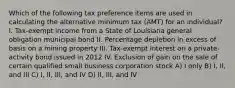 Which of the following tax preference items are used in calculating the alternative minimum tax (AMT) for an individual? I. Tax-exempt income from a State of Louisiana general obligation municipal bond II. Percentage depletion in excess of basis on a mining property III. Tax-exempt interest on a private-activity bond issued in 2012 IV. Exclusion of gain on the sale of certain qualified small business corporation stock A) I only B) I, II, and III C) I, II, III, and IV D) II, III, and IV