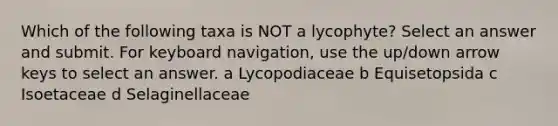 Which of the following taxa is NOT a lycophyte? Select an answer and submit. For keyboard navigation, use the up/down arrow keys to select an answer. a Lycopodiaceae b Equisetopsida c Isoetaceae d Selaginellaceae