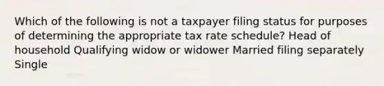 Which of the following is not a taxpayer filing status for purposes of determining the appropriate tax rate schedule? Head of household Qualifying widow or widower Married filing separately Single