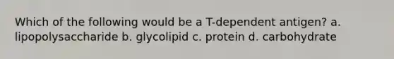 Which of the following would be a T-dependent antigen? a. lipopolysaccharide b. glycolipid c. protein d. carbohydrate