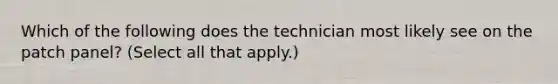 Which of the following does the technician most likely see on the patch panel? (Select all that apply.)