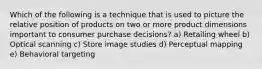 Which of the following is a technique that is used to picture the relative position of products on two or more product dimensions important to consumer purchase decisions? a) Retailing wheel b) Optical scanning c) Store image studies d) Perceptual mapping e) Behavioral targeting