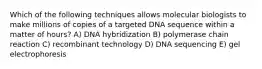 Which of the following techniques allows molecular biologists to make millions of copies of a targeted DNA sequence within a matter of hours? A) DNA hybridization B) polymerase chain reaction C) recombinant technology D) DNA sequencing E) gel electrophoresis