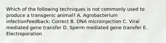 Which of the following techniques is not commonly used to produce a transgenic animal? A. Agrobacterium infectionFeedback: Correct B. DNA microinjection C. Viral mediated gene transfer D. Sperm mediated gene transfer E. Electroporation