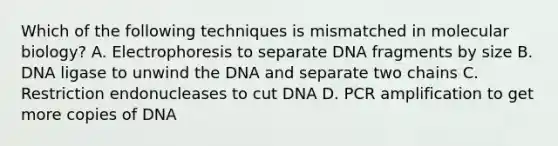 Which of the following techniques is mismatched in molecular biology? A. Electrophoresis to separate DNA fragments by size B. DNA ligase to unwind the DNA and separate two chains C. Restriction endonucleases to cut DNA D. PCR amplification to get more copies of DNA