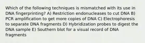 Which of the following techniques is mismatched with its use in DNA fingerprinting? A) Restriction endonucleases to cut DNA B) PCR amplification to get more copies of DNA C) Electrophoresis to separate DNA fragments D) Hybridization probes to digest the DNA sample E) Southern blot for a visual record of DNA fragments