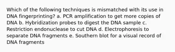 Which of the following techniques is mismatched with its use in DNA fingerprinting? a. PCR amplification to get more copies of DNA b. Hybridization probes to digest the DNA sample c. Restriction endonuclease to cut DNA d. Electrophoresis to separate DNA fragments e. Southern blot for a visual record of DNA fragments