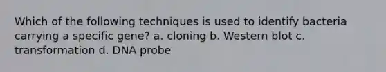 Which of the following techniques is used to identify bacteria carrying a specific gene? a. cloning b. Western blot c. transformation d. DNA probe