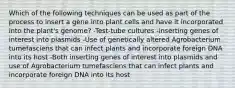 Which of the following techniques can be used as part of the process to insert a gene into plant cells and have it incorporated into the plant's genome? -Test-tube cultures -inserting genes of interest into plasmids -Use of genetically altered Agrobacterium tumefasciens that can infect plants and incorporate foreign DNA into its host -Both inserting genes of interest into plasmids and use of Agrobacterium tumefasciens that can infect plants and incorporate foreign DNA into its host