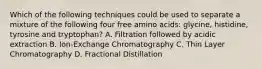 Which of the following techniques could be used to separate a mixture of the following four free amino acids: glycine, histidine, tyrosine and tryptophan? A. Filtration followed by acidic extraction B. Ion-Exchange Chromatography C. Thin Layer Chromatography D. Fractional Distillation