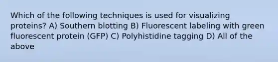 Which of the following techniques is used for visualizing proteins? A) Southern blotting B) Fluorescent labeling with green fluorescent protein (GFP) C) Polyhistidine tagging D) All of the above