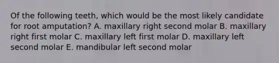 Of the following teeth, which would be the most likely candidate for root amputation? A. maxillary right second molar B. maxillary right first molar C. maxillary left first molar D. maxillary left second molar E. mandibular left second molar