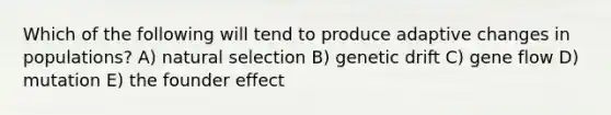 Which of the following will tend to produce adaptive changes in populations? A) natural selection B) genetic drift C) gene flow D) mutation E) the founder effect