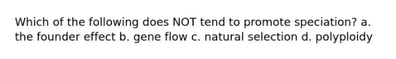 Which of the following does NOT tend to promote speciation? a. the founder effect b. gene flow c. natural selection d. polyploidy