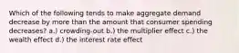 Which of the following tends to make aggregate demand decrease by more than the amount that consumer spending decreases? a.) crowding-out b.) the multiplier effect c.) the wealth effect d.) the interest rate effect