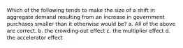 Which of the following tends to make the size of a shift in aggregate demand resulting from an increase in government purchases smaller than it otherwise would be? a. All of the above are correct. b. the crowding-out effect c. the multiplier effect d. the accelerator effect