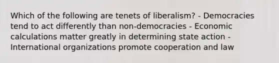 Which of the following are tenets of liberalism? - Democracies tend to act differently than non-democracies - Economic calculations matter greatly in determining state action - International organizations promote cooperation and law