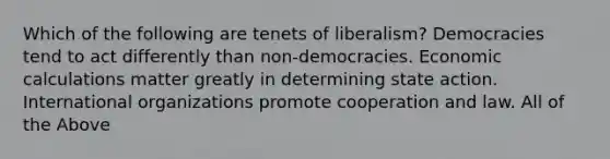 Which of the following are tenets of liberalism? Democracies tend to act differently than non-democracies. Economic calculations matter greatly in determining state action. International organizations promote cooperation and law. All of the Above