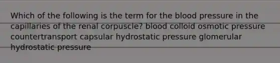 Which of the following is the term for <a href='https://www.questionai.com/knowledge/k7oXMfj7lk-the-blood' class='anchor-knowledge'>the blood</a> pressure in the capillaries of the renal corpuscle? blood colloid osmotic pressure countertransport capsular hydrostatic pressure glomerular hydrostatic pressure