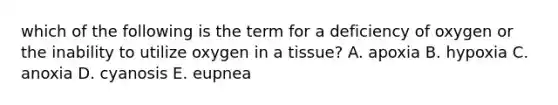 which of the following is the term for a deficiency of oxygen or the inability to utilize oxygen in a tissue? A. apoxia B. hypoxia C. anoxia D. cyanosis E. eupnea