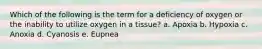 Which of the following is the term for a deficiency of oxygen or the inability to utilize oxygen in a tissue? a. Apoxia b. Hypoxia c. Anoxia d. Cyanosis e. Eupnea