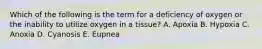 Which of the following is the term for a deficiency of oxygen or the inability to utilize oxygen in a tissue? A. Apoxia B. Hypoxia C. Anoxia D. Cyanosis E. Eupnea