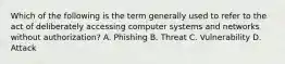 Which of the following is the term generally used to refer to the act of deliberately accessing computer systems and networks without authorization? A. Phishing B. Threat C. Vulnerability D. Attack