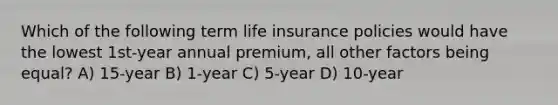 Which of the following term life insurance policies would have the lowest 1st-year annual premium, all other factors being equal? A) 15-year B) 1-year C) 5-year D) 10-year