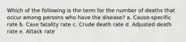 Which of the following is the term for the number of deaths that occur among persons who have the disease? a. Cause-specific rate b. Case fatality rate c. Crude death rate d. Adjusted death rate e. Attack rate