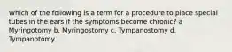 Which of the following is a term for a procedure to place special tubes in the ears if the symptoms become chronic? a Myringotomy b. Myringostomy c. Tympanostomy d. Tympanotomy