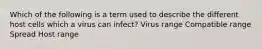 Which of the following is a term used to describe the different host cells which a virus can infect? Virus range Compatible range Spread Host range