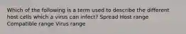 Which of the following is a term used to describe the different host cells which a virus can infect? Spread Host range Compatible range Virus range