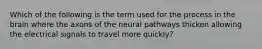 Which of the following is the term used for the process in the brain where the axons of the neural pathways thicken allowing the electrical signals to travel more quickly?