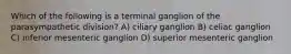 Which of the following is a terminal ganglion of the parasympathetic division? A) ciliary ganglion B) celiac ganglion C) inferior mesenteric ganglion D) superior mesenteric ganglion