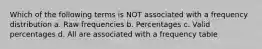 Which of the following terms is NOT associated with a frequency distribution a. Raw frequencies b. Percentages c. Valid percentages d. All are associated with a frequency table