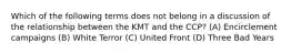 Which of the following terms does not belong in a discussion of the relationship between the KMT and the CCP? (A) Encirclement campaigns (B) White Terror (C) United Front (D) Three Bad Years